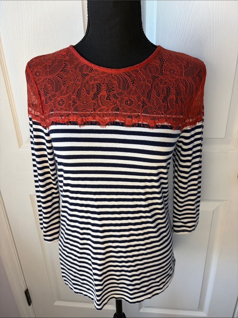 Fenn Wright Manson Navy and White Stripe Top with Rust Lace Yoke sz Small